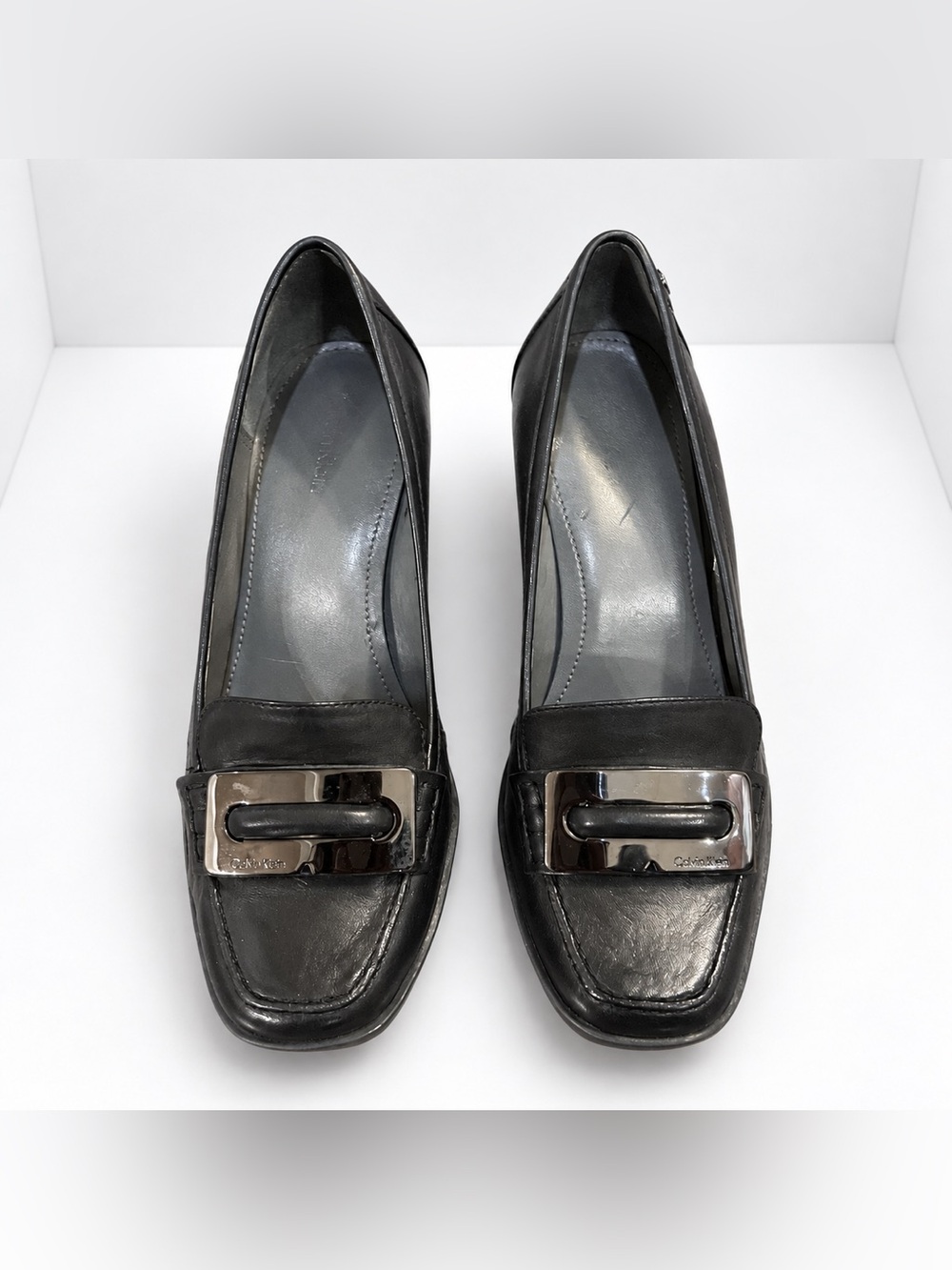 Vintage 90s Calvin Klein Black Leather Square Toe Loafer Pumps Y2K Block Heels - Picture 3 of 10